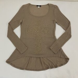 Y2K Deb Cross Shirt Women S Glitter Sparkle Long Sleeve Embellished Grunge‎ Punk